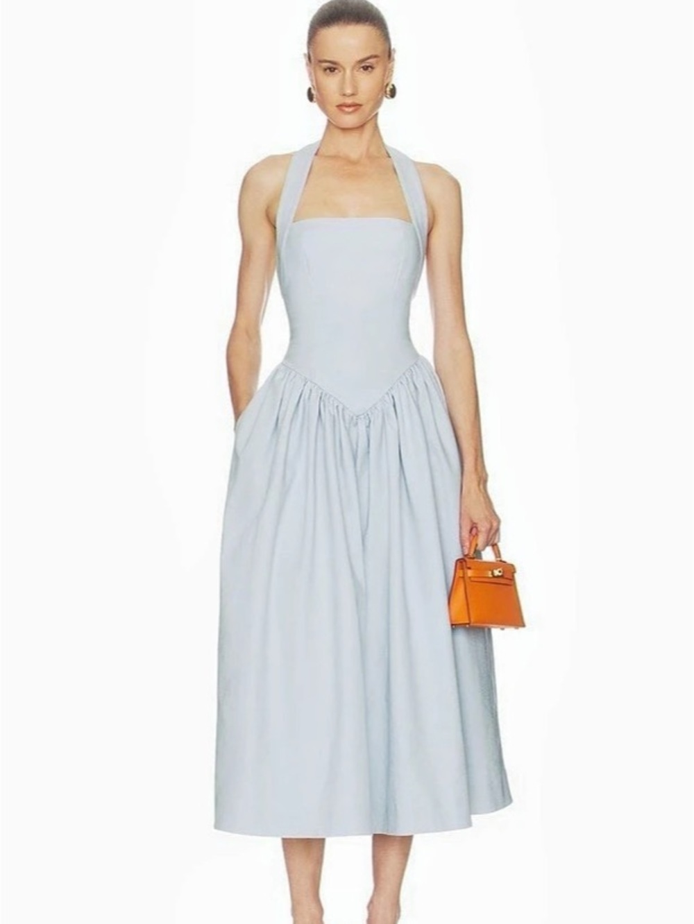 Helsa Faille Halter Midi Dress in Pale Blue
